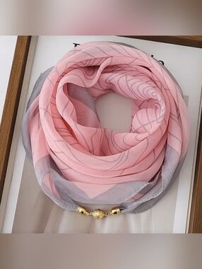 Elegant Pink & Gray Floral Scarf Necklace